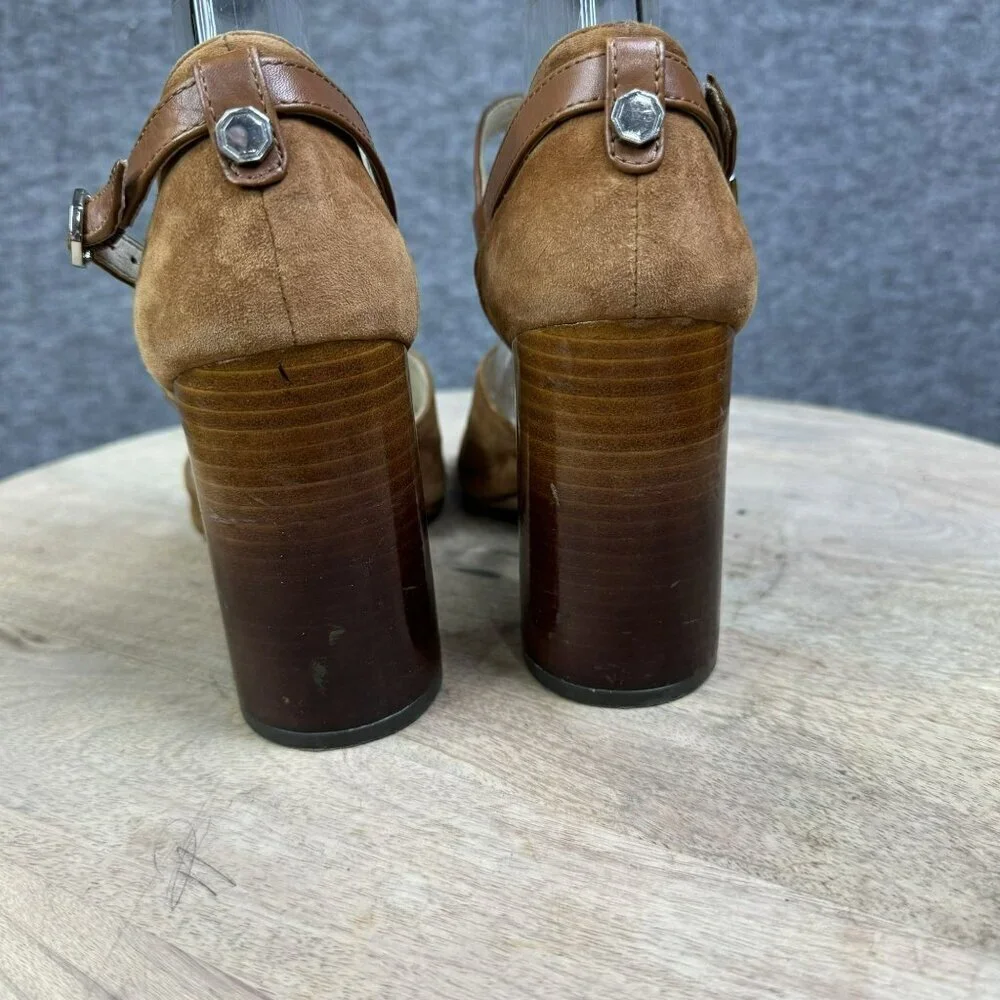 Louise Et Cie 37 /  6.5M Brown tan Suede Peep Toe Heels Ankle Strap Stacked heel